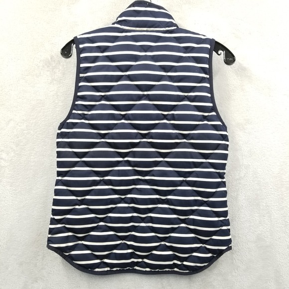 J Crew Puffer Vest Women XS Blue‎ White Striped Down Full Zip Packable Pockets - Picture 2 of 9